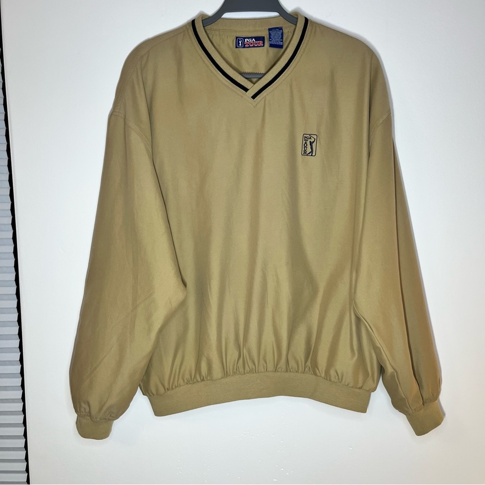 Khaki PGA Tour Men’s V-Neck Windbreaker Pullover Jacket Size M Golf Lightweight
